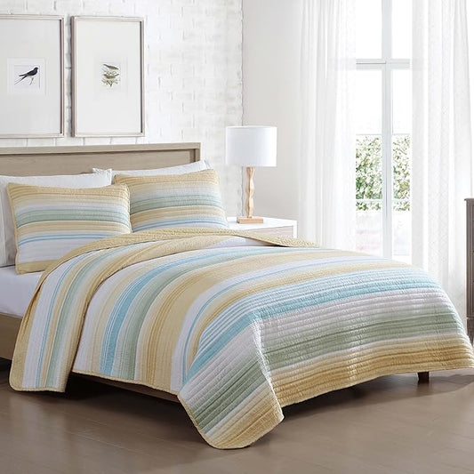 Beatrice Home Fashions Coralinn Striped 2-Piece Quilt Set, Lightweight, All-Seasons, Twin, Yellow Sage