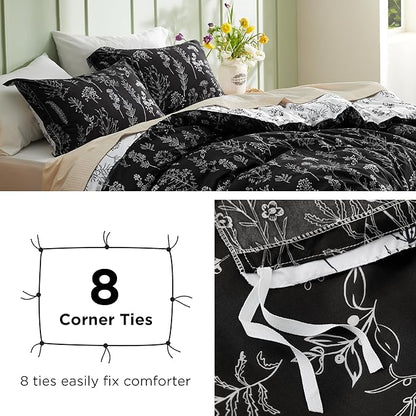 Bedsure Duvet Cover Queen Size - Reversible Black Queen Duvet Cover Set with Zipper Closure, 3 Pieces Floral Patterned Bedding Set with 8 Corner Ties and 2 Pillow Shams