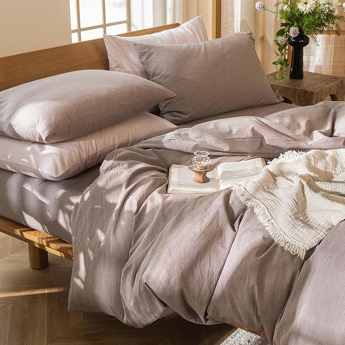 MooMee Bedding Duvet Cover Set 100% Washed Cotton Linen Like Textured Breathable Durable Soft Comfy (Heathered Mauve Brown, Alaska King 132"x120")