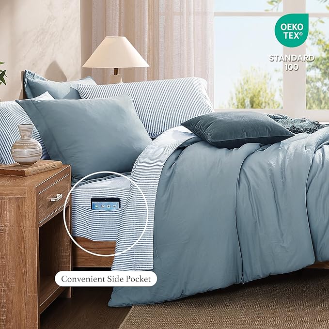 Monbix Oversized Queen Size Comforter Set - 7 Pieces Dusty Blue Prewashed Bed in a Bag Bedding Sets with Comforters, All Seasons Ultra Soft Comforter Bed Set with Sheets, Pillowcases & Shams