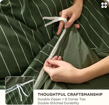 Bedsure Striped Duvet Cover Queen Size, 100% Washed Cotton PureWoven Duvet Cover Linen Like Textured, Classic Striped Pattern Enhances Bedroom Comfort and Style, Stripes Olive Green, 90"x90"