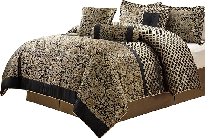 Chezmoi Collection 7-Piece Black/Gold Diamond Floral Medallion Jacquard Woven Comforter Set, King