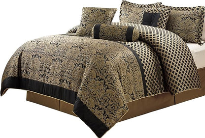 Chezmoi Collection 7-Piece Black/Gold Diamond Floral Medallion Jacquard Woven Comforter Set, Oversized King
