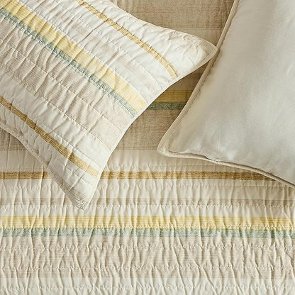 Wonderful 100% Cotton Quilt Set Queen Size Striped Fall Bedding, Natural Dyed Cozy & Breathable Coverlet, Soft Pre-Washed Bedspread (Light Yellow/Green)
