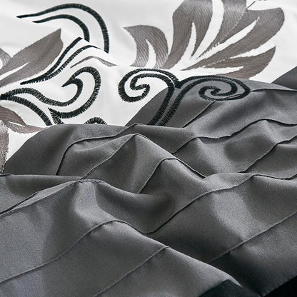 Chezmoi Collection Napa 7-Piece Luxury Leaves Scroll Embroidery Bedding Comforter Set (California King, Black/Gray/White)