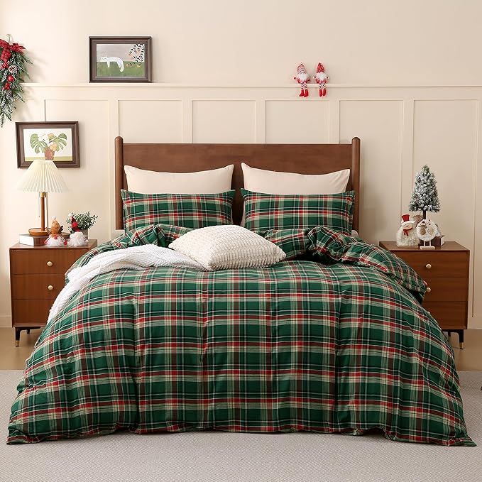 TOCOMOA Christmas Plaid Duvet Cover Set 100% Washed Cotton Like Linen Feel Super Soft Comfy 3 Piece Green Red Gingham Checkered Bedding Comforter Cover Set (Queen 90"x90", Comforter Not Included)