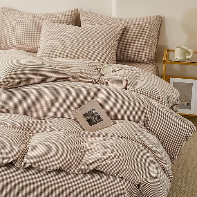 EAVD Tan Plaid Gingham Duvet Cover Full Soft 100% Washed Cotton Reversible Tan and White Plaid Duvet Cover with 2 Pillowcases Farmhouse Ginggham Bedding Set with Zipper Closure