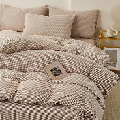 EAVD Tan Plaid Gingham Duvet Cover Full Soft 100% Washed Cotton Reversible Tan and White Plaid Duvet Cover with 2 Pillowcases Farmhouse Ginggham Bedding Set with Zipper Closure