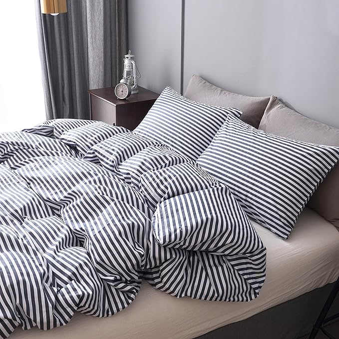 JELLYMONI 100% Natural Cotton 3pcs Striped Duvet Cover Sets,White with Navy Blue Stripes Pattern Printed Comforter Cover,with Zipper Closure & Corner Ties(Queen Size)
