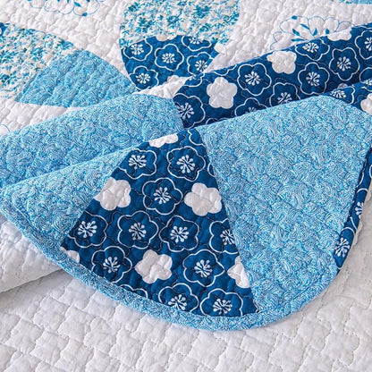Cmfshape Blue Quilt Sets Bedspread Set 100% Cotton Patchwork Coin Pattern Bedding Set,All Season Use Lightweight Reversible Coverlet Quilts with 2 Pillow Shams(King 106"x96")