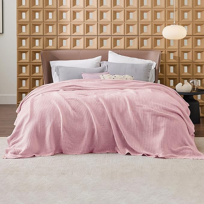 Bedsure Gentlesoft 100% Cotton Blanket Queen Size for Bed - Breathable and Soft for Spring Summer, Thick Cozy Waffle Weave Blanket Gifts for Women, Pink, 90x90 Inches