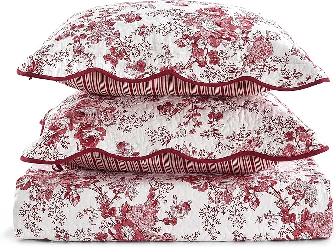 Wonderful 100% Cotton Red Floral Bedspread Set King Size, Quilt Bedding Sets with Pillow Shams, 3 Pieces Botanical Coverlet Set, Quilted Blanket Bed Cover for All Season, 120"x118"