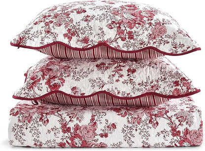 Wonderful 100% Cotton Red Floral Bedspread Set King Size, Quilt Bedding Sets with Pillow Shams, 3 Pieces Botanical Coverlet Set, Quilted Blanket Bed Cover for All Season, 120"x118"