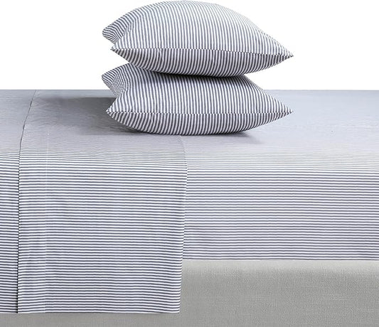 Feather & Stitch Softest 100% Cotton Sheets, 300 Thread Count Percale Weave Bedding, 16" Deep Pocket, Cooling Sheets, Breathable Bed Set, Hotel Premium Quality (Queen, Grey Stripe)