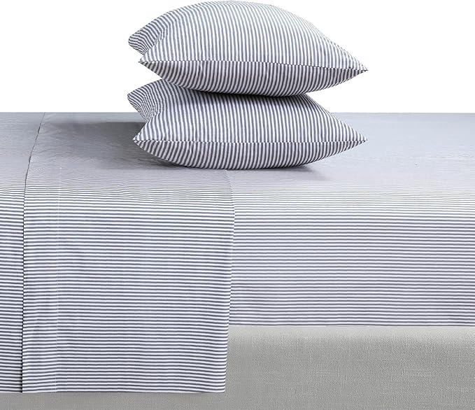 Feather & Stitch Softest 100% Cotton Sheets, 300 Thread Count Percale Weave Bedding, 16" Deep Pocket, Cooling Sheets, Breathable Bed Set, Hotel Premium Quality (King, Grey Stripe)