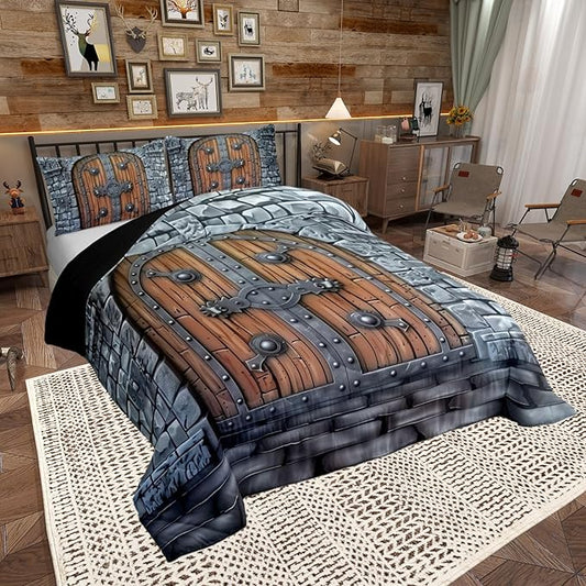 Castle Walls Bedding Set for Boys Girls,Knight Wall All Season Cozy Comforter Set with 2 Pillowcases Full,Medieval Themed Duvet Set Bedroom Decor,Festival Gifts
