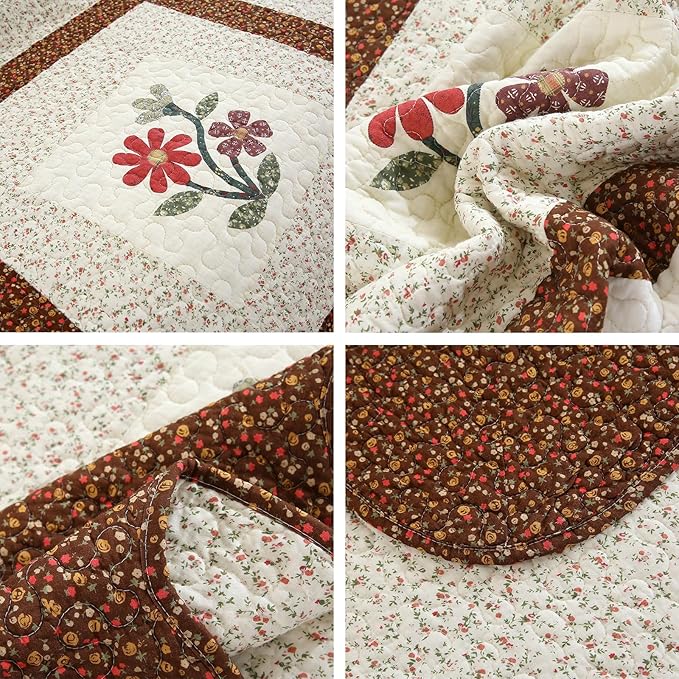 vctops 2 Piece Embroidered Floral Quilted Bedspread Quilt Set 100% Cotton Reversible Patchwork Coverlet Set 1 Quilt and 1 Pillow Sham (Coffee,Twin)