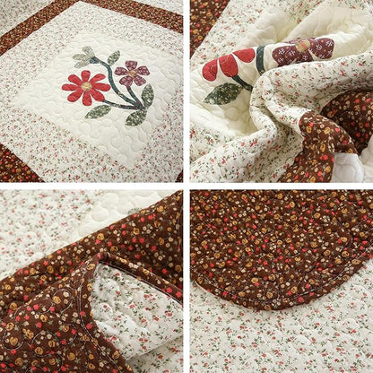 vctops 2 Piece Embroidered Floral Quilted Bedspread Quilt Set 100% Cotton Reversible Patchwork Coverlet Set 1 Quilt and 1 Pillow Sham (Coffee,Twin)