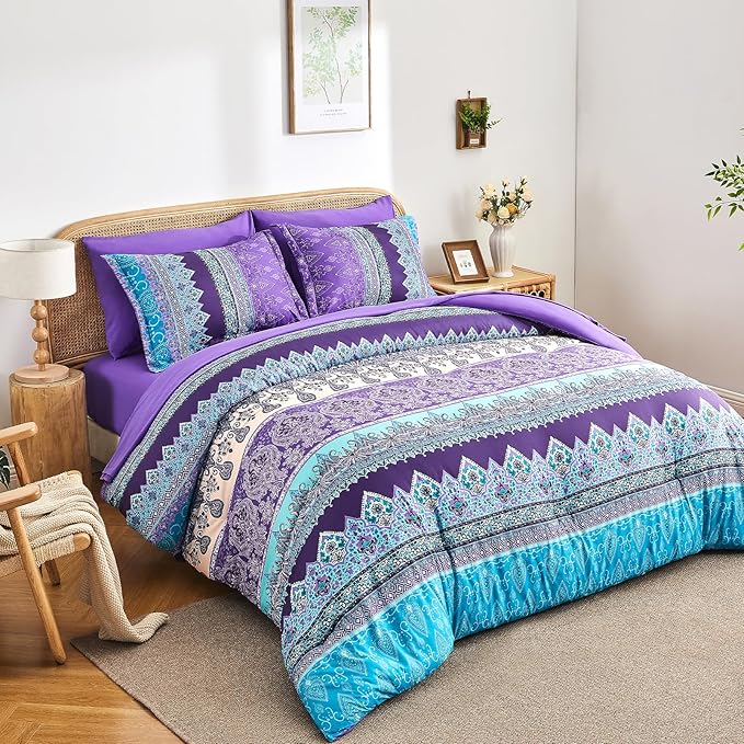 Boho Comforter Set King Size Purple - 7 Pieces Bohemian Floral Striped Comforter and Sheet Set, Lightweight Bed in a Bag Complete Bedding Sets King Size for All Season (Purple,King)