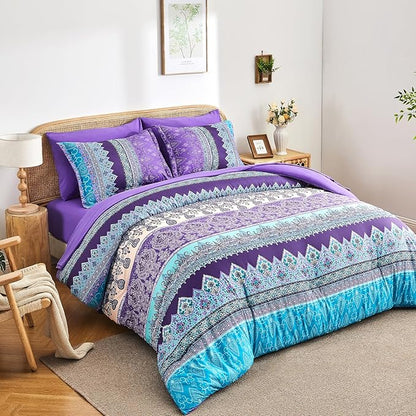 Boho Comforter Set King Size Purple - 7 Pieces Bohemian Floral Striped Comforter and Sheet Set, Lightweight Bed in a Bag Complete Bedding Sets King Size for All Season (Purple,King)