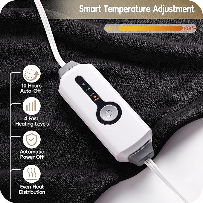 Electric Heated Blanket Twin Size 62"×84", Breathable & Luxurious Flannel, Soft Warm Gift with Over-Heat Protection, 4 Heating Levels & 10 H Auto Shut Off, Machine Washable，Dark Grey