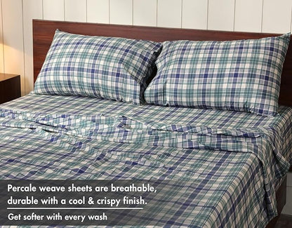 RUVANTI 100% Cotton Sheets – Queen Size Percale Bedding, Cooling & Breathable Floral Design, Durable with a Crisp, Soft & Comfortable Feel, 16" Deep Pocket, 4-Piece Set, Greenish Blue Plaid