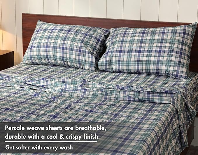 RUVANTI 100% Cotton Sheets – Twin XL Size Percale Bedding, Cooling & Breathable Floral Design, Durable with a Crisp, Soft & Comfortable Feel, 16" Deep Pocket, 3-Piece Set, Greenish Blue Plaid