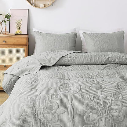 Light Grey Damask Quilt King Size Bedding Sets with 2 Pillow Shams, Boho Bedspread Lightweight Soft Farmhouse Vintage Bohemian Coverlet Retro Jacquard Pattern Bed Cover for All Season, 3 Pieces