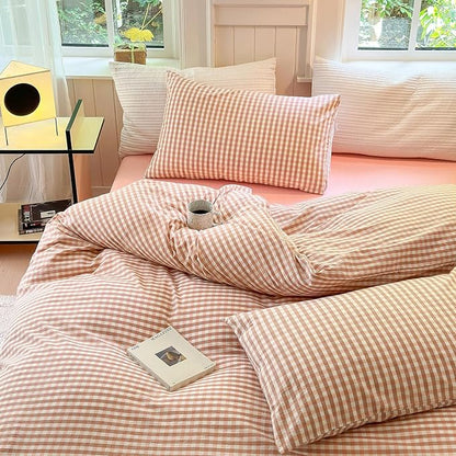 LifeTB Pink Gingham Comforter Set King Modern Style Pink Plaid Comforter Set Fluffy 3 Pieces Grid Checkered Pattern Boho Comforter with 2 Pillowcases Farmhouse Gingham Plaid Bedding Set King