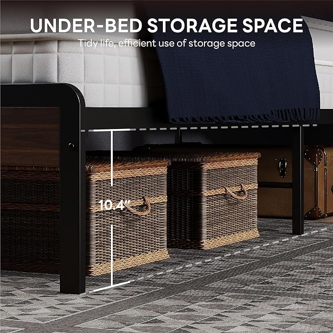LIKIMIO King Bed Frame with Headboard, Dark Wood Camas King with Strong Supports, Sturdy, Noise-Free, No Box Spring Needed, Dark Walnut