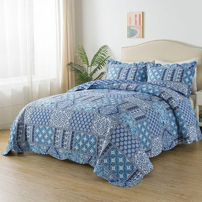 HoneiLife Rustic Quilt Sets Queen - 3 Pieces Microfiber Quilt Sets Lightweight Bedspreads Floral Coverlets Retro Bed Cover All Season Quilts-Blue