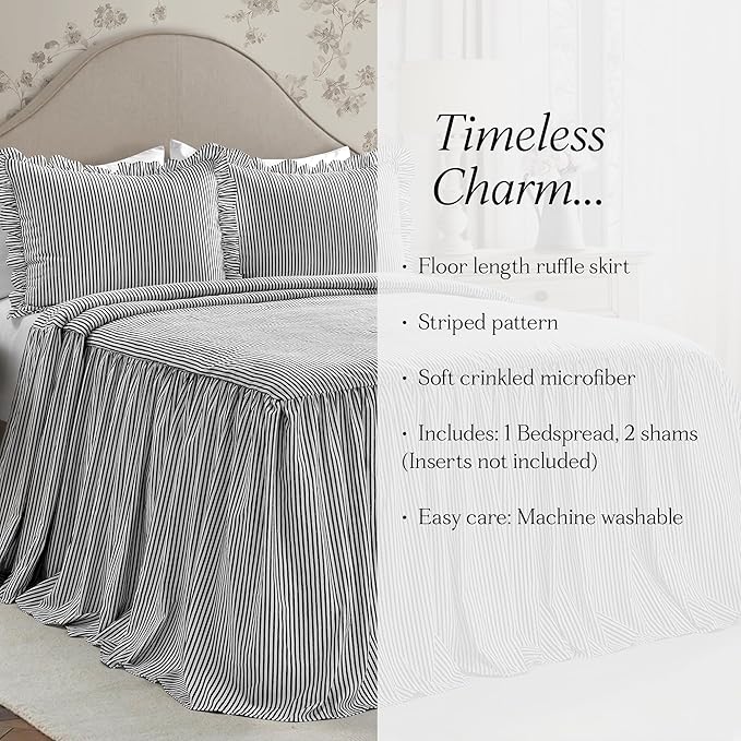 Lush Decor Ticking Stripe Bedspread King Size 3 Piece Set Black - Ruffle Bedding Set King Bedspreads - Striped Bedding - Farmhouse & Coquette Decor