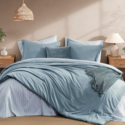 Monbix Full Size Comforter Set - 7 Pieces Dusty Blue Prewashed Bed in a Bag Full Bedding Sets with Comforters, All Seasons Ultra Soft Comforter Bed Set with Sheets,Pillowcases & Shams