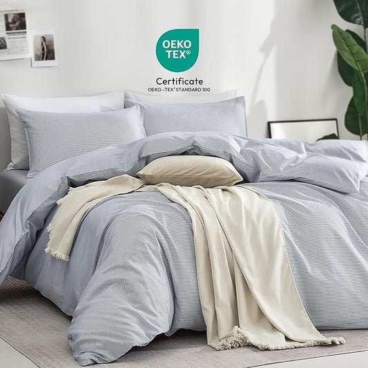 JELLYMONI 100% Natural Cotton 3pcs Striped Duvet Cover Sets,Blue Duvet Cover with Thin White Stripes Pattern Printed Comforter Cover,with Zipper Closure & Corner Ties(King Size)