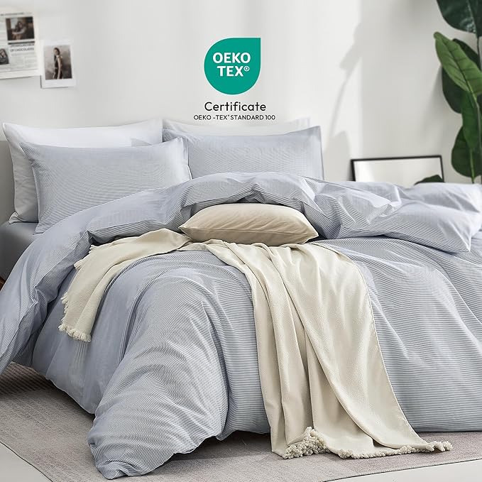 JELLYMONI 100% Natural Cotton 3pcs Striped Duvet Cover Sets,Blue Duvet Cover with Thin White Stripes Pattern Printed Comforter Cover,with Zipper Closure & Corner Ties(Queen Size)