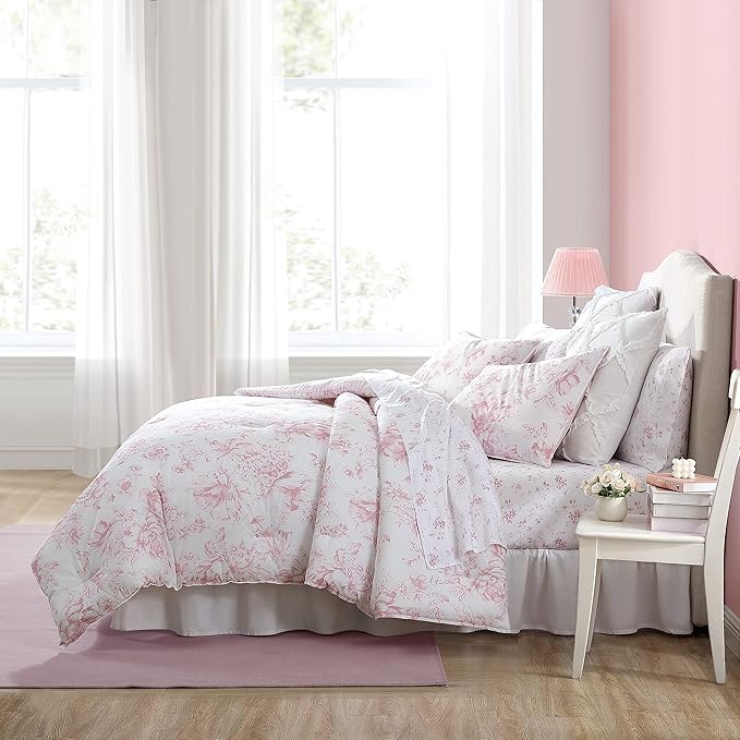 Laura Ashley - Twin XL Comforter Set, Reversible Cotton Bedding for Year Round Use, 2 Piece Coquette Bed Set with Matching Pillowcase (Delphine Mauve Pink)