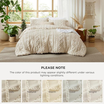 Bedsure Tufted Boho Comforter Set Queen Size - Beige Boho Bed Set, GentleSoft™ 3 Pieces Farmhouse Shabby Chic Embroidery Bedding, Gifts for Woman, Soft Jacquard Queen Comforter for All Seasons