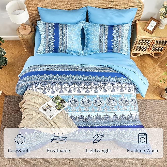 Boho Queen Comforter Set Blue - 7 Pieces Bed in a Bag Floral Striped Comforter and Sheet Set, Soft Microfiber Bohemian Bedding Sets Queen Size for All Season (Blue,Queen)