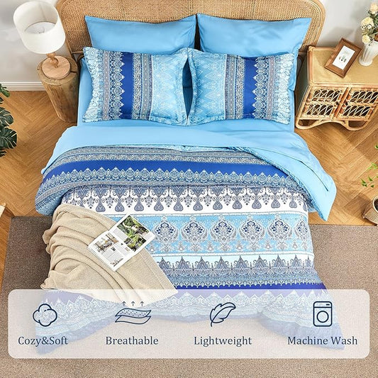 Boho Queen Comforter Set Blue - 7 Pieces Bed in a Bag Floral Striped Comforter and Sheet Set, Soft Microfiber Bohemian Bedding Sets Queen Size for All Season (Blue,Queen)