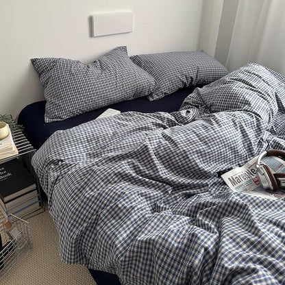 Navy Blue Gingham Duvet Cover Queen Washed Cotton Plaid Comforter Cover Queen Size Farmhouse Soft Breathable Checkered Duvet Cover Set with Zipper Vintage Boho Bedding Neutral Duvet Protector
