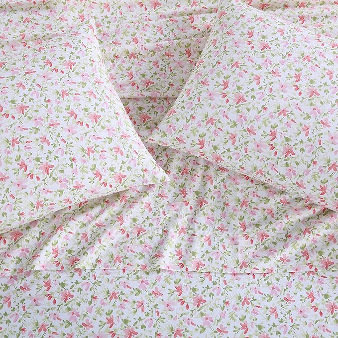 Laura Ashley - Standard Pillowcase Set, Breathable Percale Cotton Bedding, Crisp & Cool Home Decor (Norella Pink, 2 Piece)