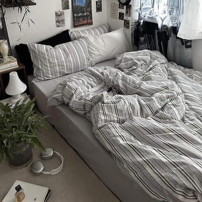 VM VOUGEMARKET Gray White Striped Comforter Set Twin XL Vintage Vertical Stripes Bedding Set Minimalist Neutral Comforter for Teens Dorm Room