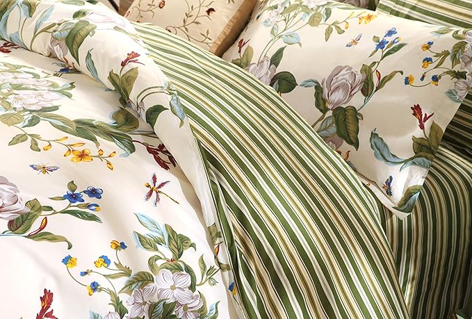 FADFAY Floral Duvet Cover Set 100% Cotton Green and Beige Striped Shabby Flower Bedding Branches Botanical Printed Reversible Zipper Comforter Cover & 2 Pillowcases，Twin