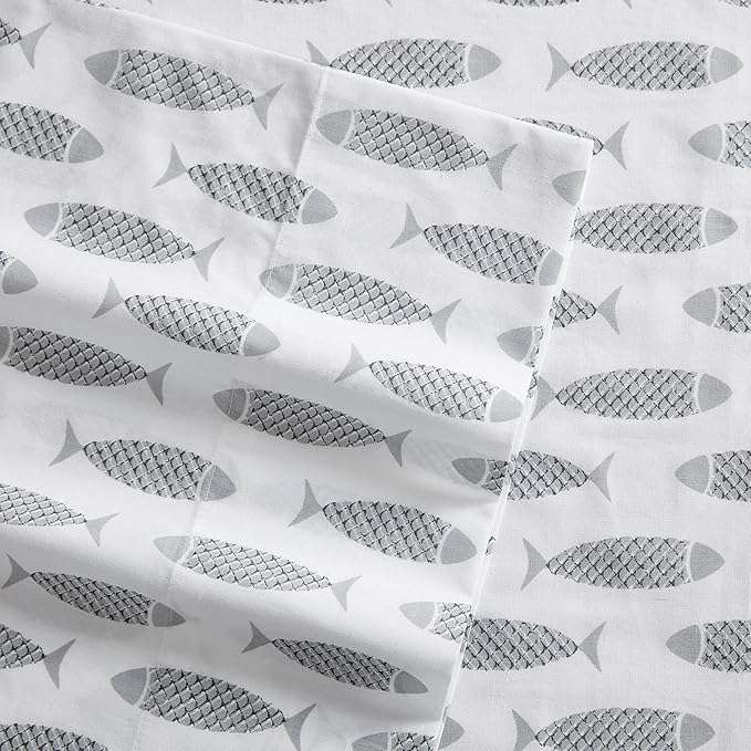 Nautica - Full Size Sheet Sets, Cotton Percale Bedding Set, Crisp & Cool, Coastal Home Decor (Woodblock Fish Grey, Full)