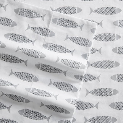 Nautica - Queen Sheets, Cotton Percale Bedding Set, Crisp & Cool, Coastal Home Decor (Woodblock Fish Grey, Queen)