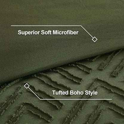 Litanika Olive Green King Size Comforter Set, 3 Pieces Tufted Boho Farmhouse Bedding Comforter Sets, Lightweight Fluffy Comforter Bed Set for All Season (104x90In Comforter and 2 Pillowcases)