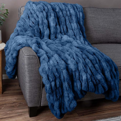Lavish Home Oversized Ruched Faux Fur Blanket - 60x80-Inch Plush Polyester Faux Fur Queen-Size Throw for Sofas and Beds - Luxurious Bedding (Blue)