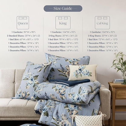 Madison Park King Comforter Set Vintage Floral Reversible Comforter, All Season, Down Alternative Bedding Comforter, Bedskirt, Pillows, Shams, Salara, King Blue 7 Piece