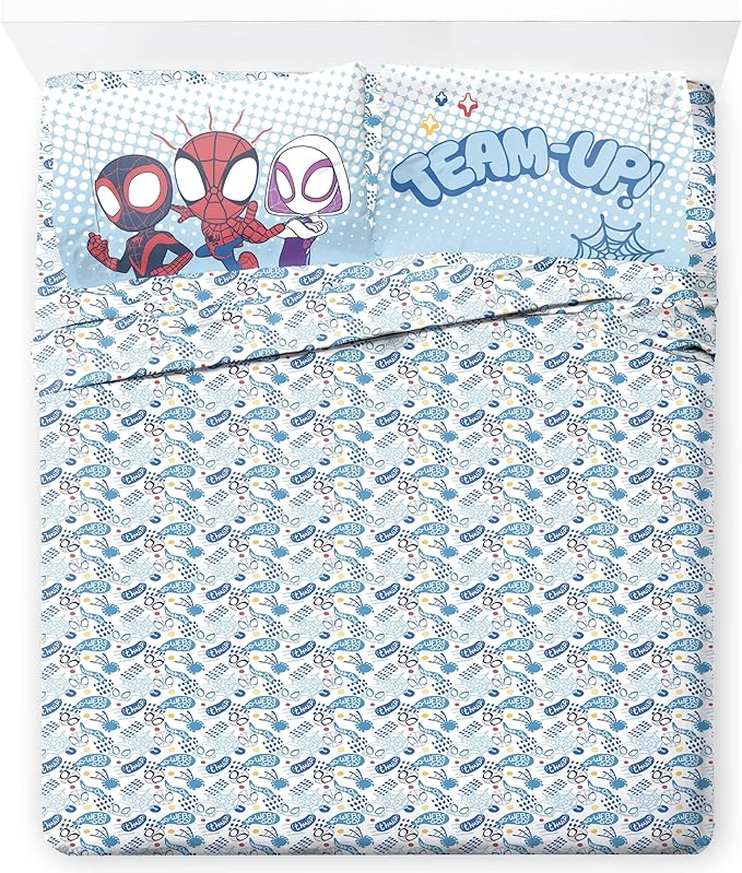 Jay Franco Kids Sheet Set with Fitted, Flat Sheets & Pillow Cover - Ultra-Soft Bedding with Pillowcase for Room Decor, Multi - Spidey & Friends, 4 Piece Full