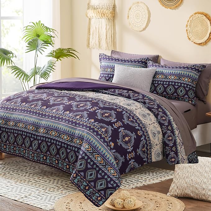 Geniospin Full Comforter Set - 7 Pieces Bed in a Bag, Comfortable Western Bedding Sets for All Seasons, Lightweight Soft Boho Comforter Bed Set with Sheets, Pillowcases & Shams